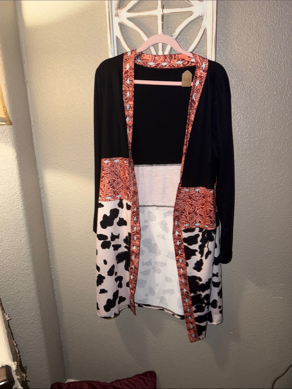 Black and White Cow Print Cardigan with Coral Trim